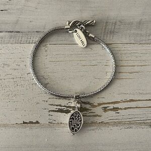 Lois Hill Sterling Silver Locket Charm Toggle Bracelet 925 Filigree Wheat Chain